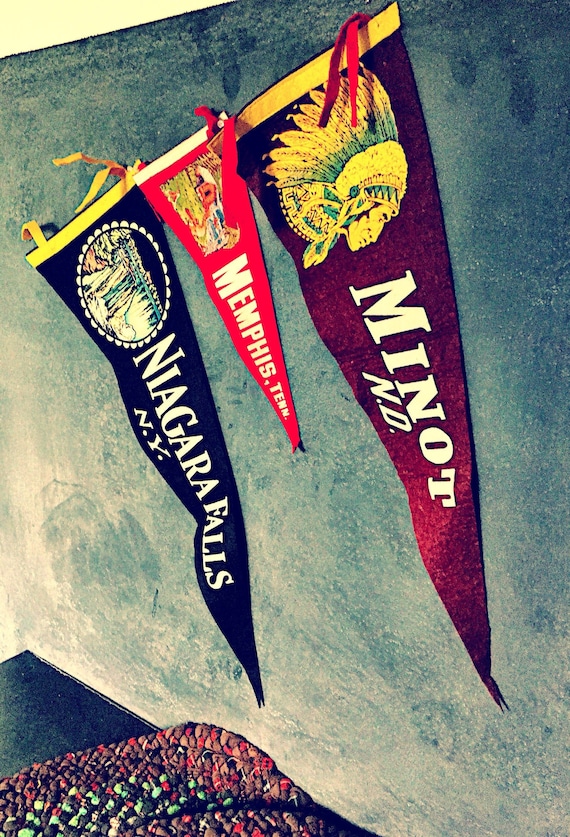 Vintage Wool Felt Pennant Flags, Three Souvenir Flags, Midcentury 