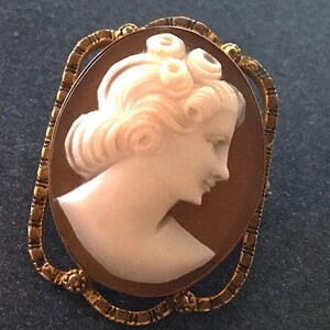 May include: An oval cameo brooch featuring a white carved profile of a person with curled hair set against a brown background. The cameo is framed by an ornate, textured gold-tone metal border with small decorative accents at the top and bottom.