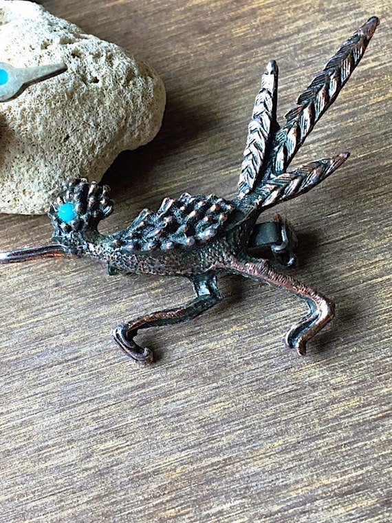 Vintage Turquoise Silver Roadrunner Tie Tack, Cop… - image 8