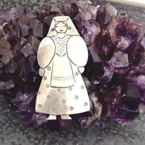 Vintage Rare Gladys Skelley Pewter Pin, 1940's Modernist Studio Jeweler, Folk Art Woman