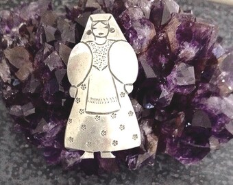 Vintage Rare Gladys Skelley Pewter Pin, 1940's Modernist Studio Jeweler, Folk Art Woman