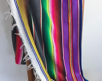 Vintage Saltillo Blanket: Colorful Striped Mexican Serape with Fringe