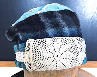 Vintage Folk Art Hat, Upcycled Butterfly Textile Slouch Cap, Summer Beach hat