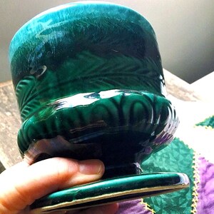 Vintage Midcentury Pedestal Vase, Dark Green Drip Glaze image 2