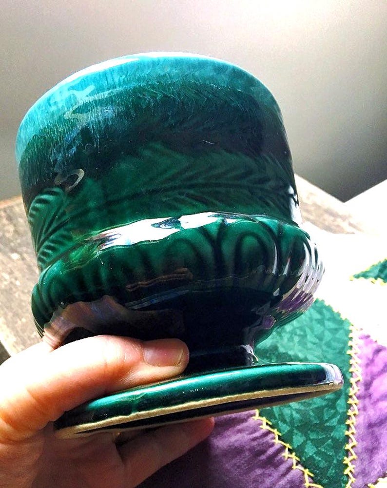 Vintage Midcentury Pedestal Vase, Dark Green Drip Glaze image 2