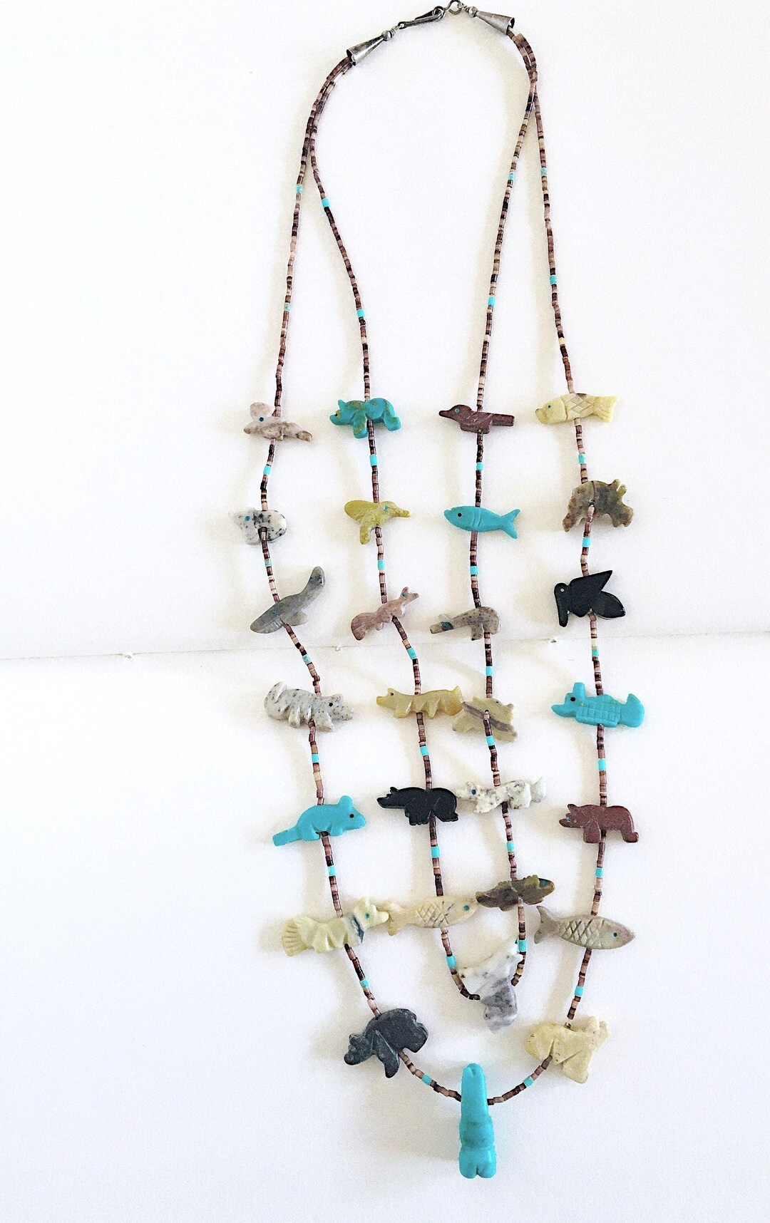 Collier Vintage Pendentif Fétiche ZUNI - Turquoise Et Argent, Années 50 - Très Bon état