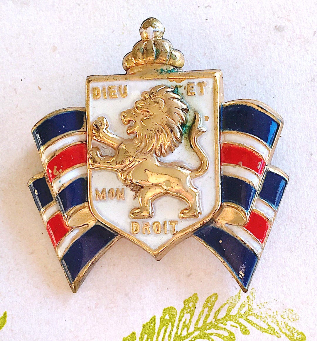 WWII British War Relief Brooch: Enamel Lion Crest, Gold Vermeil ...