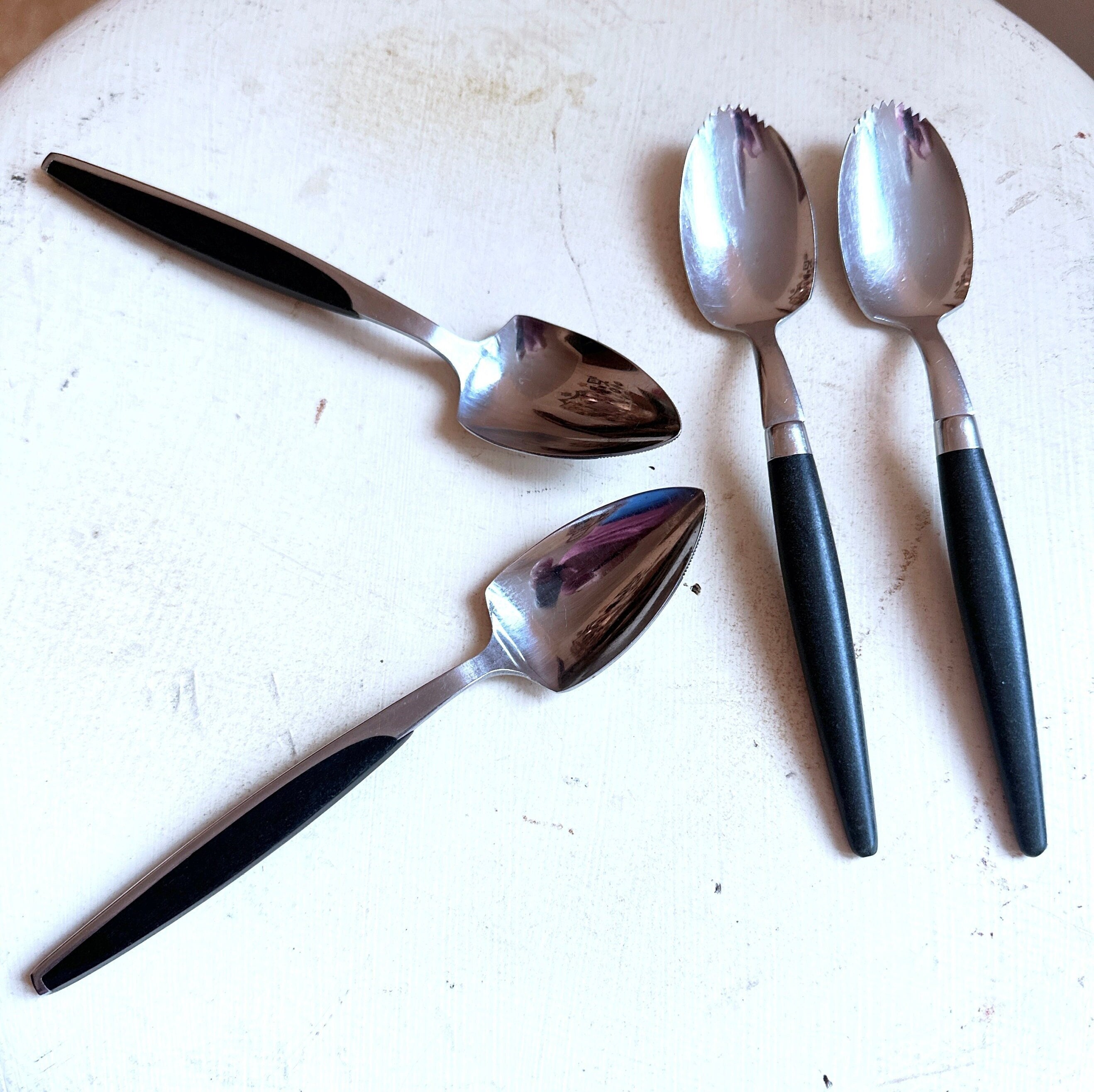 Vintage Black Bakelite Stainless Steel Grapefruit Spoons, Made in