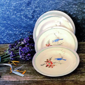Vintage Lusterware small plates, Butterpat style, Flowers and Blue Birds, made in Japan