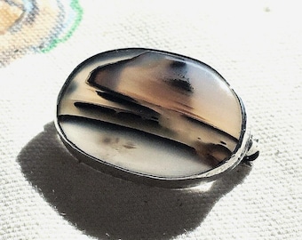 Vintage Banded Agate Brooch: Sterling Silver Lapel Pin