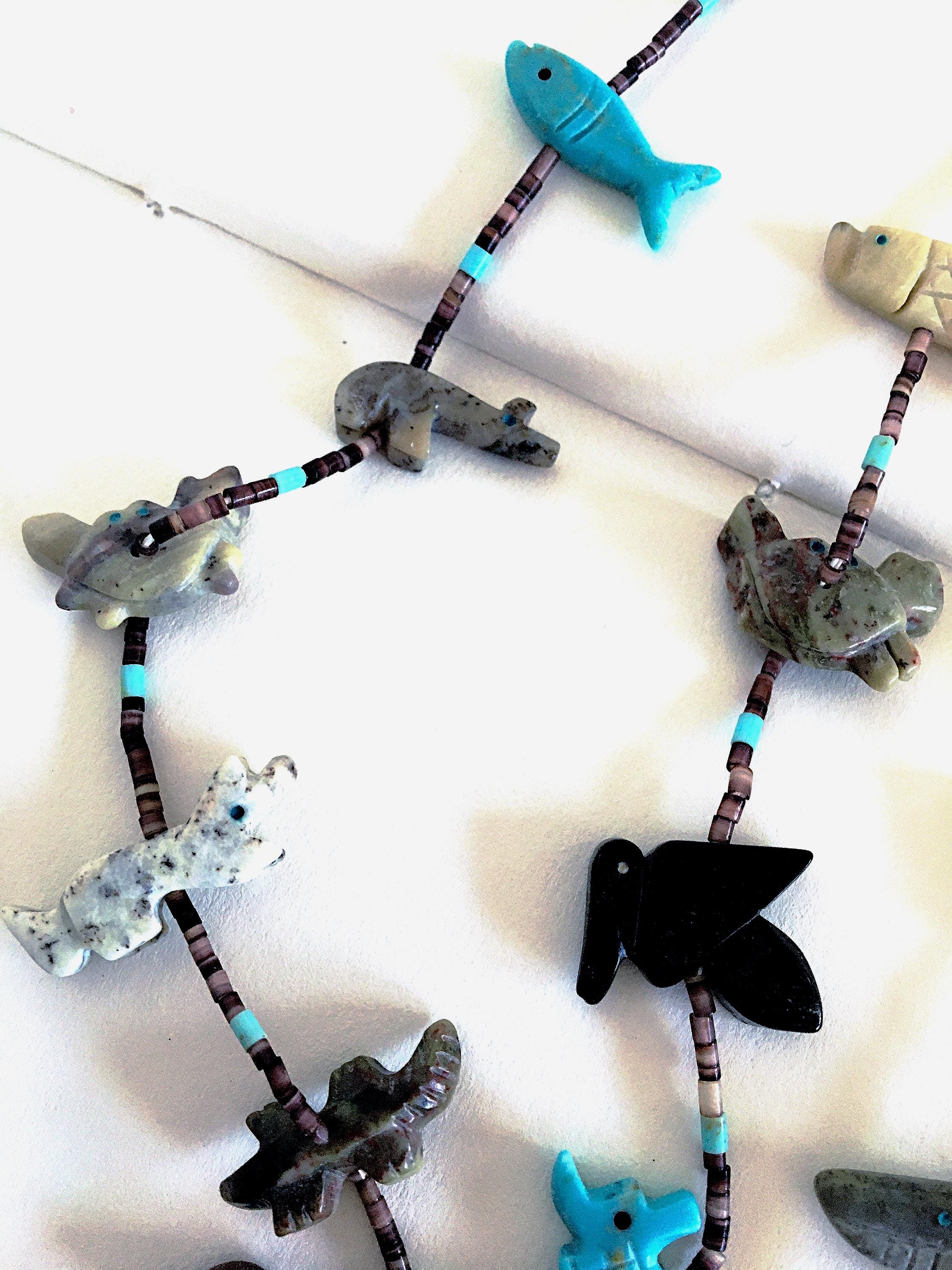 Vintage Zuni Fetish Necklace, Carved Turquoise Bear Totem, Natural 