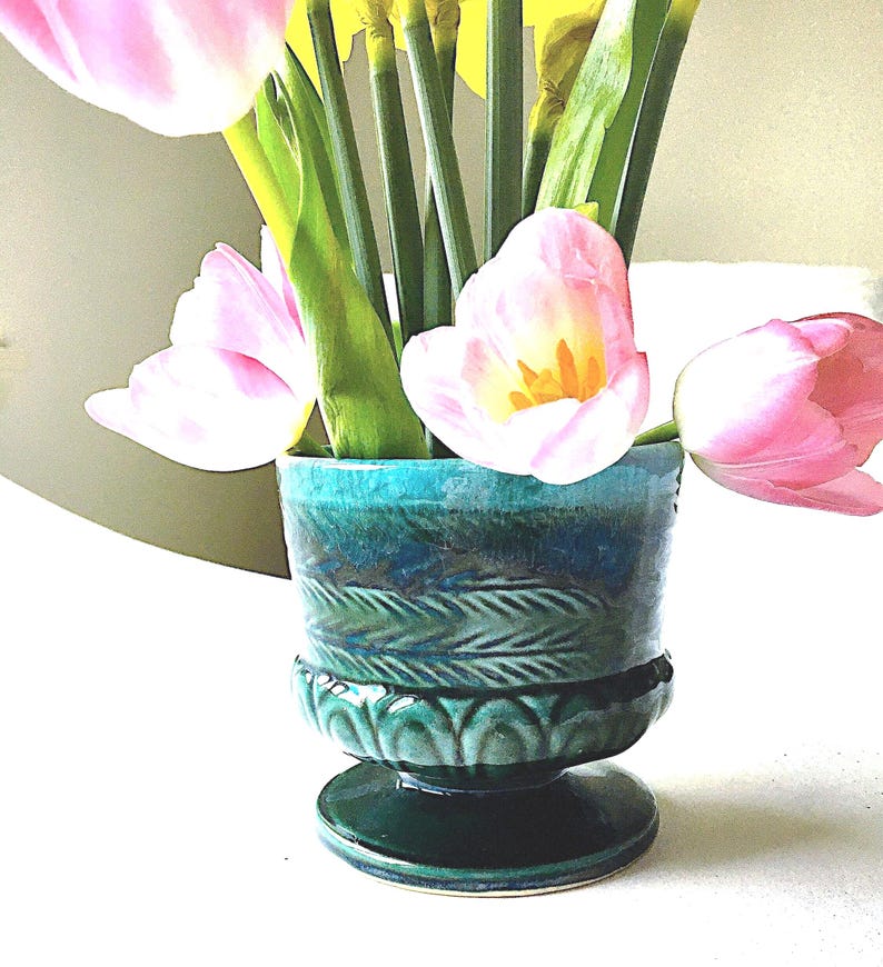 Vintage Midcentury Pedestal Vase, Dark Green Drip Glaze image 1