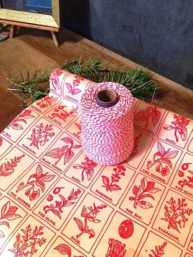 Vintage Botanical Print Gift Wrap, Red on Beige Herbal Repeat, Garden Wrapping paper