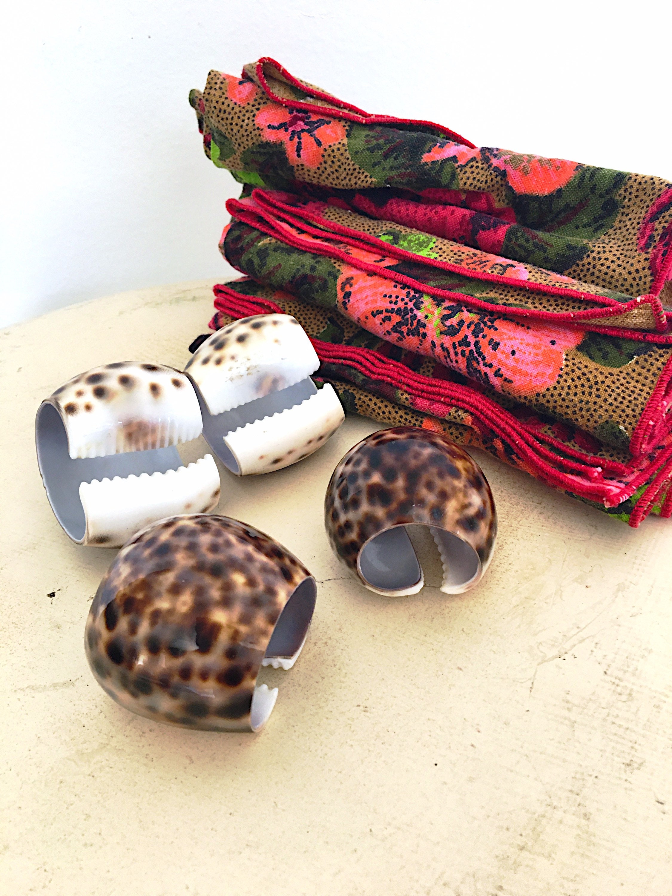 Vintage Leopard Cowrie Shell Napkin Rings, Four Bright Floral Cotton ...