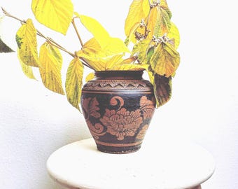 Vintage Redware Pottery Vase, Stenciled Floral design, Mission Style Pottery