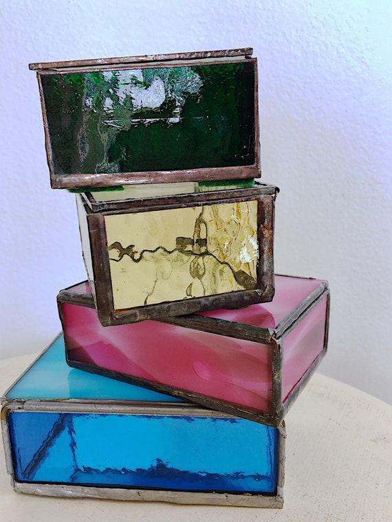 Vintage Stained-Glass Trinket Boxes, Artisan signe