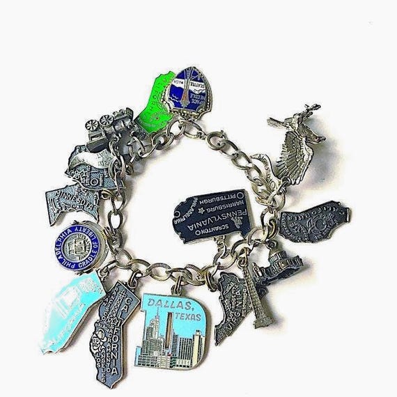 Vintage Sterling Silver Travel Charm Bracelet, 1960's US States Souvenirs
