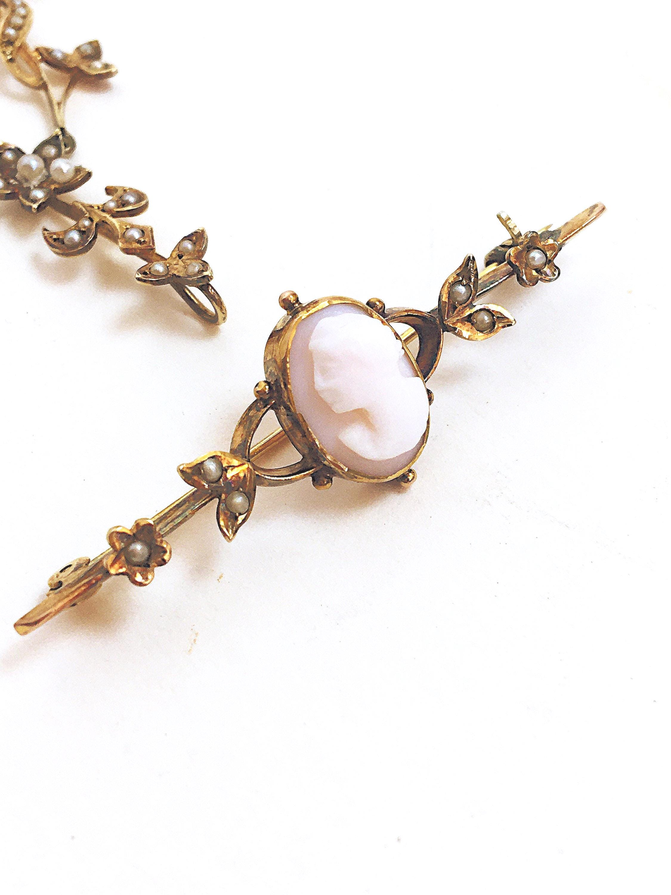Vintage 14K Gold Seed Pearl Lavalier Necklace With Detachable