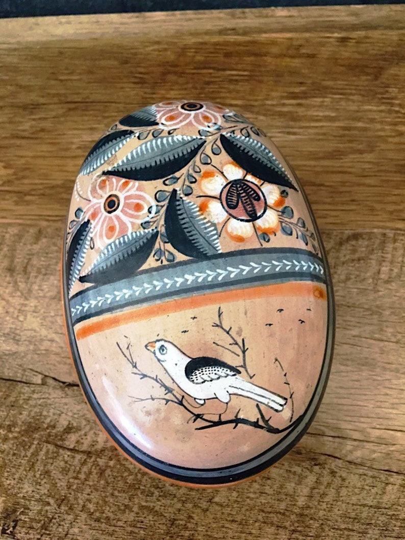 1980/'s Hand painted Pottery Artist Florentino Jimon Mexican Folk Art Jewelry box Vintage Tonala Pottery Box