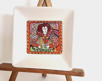Vintage Zodiac Virgo Trinket Dish, September Birthday, 1970's Astrology, Flower child