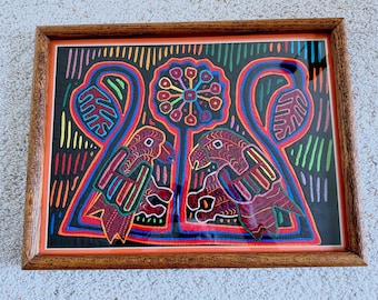 Vintage Mola, Framed Folk Art, Applique hand stitched embroidered Textile