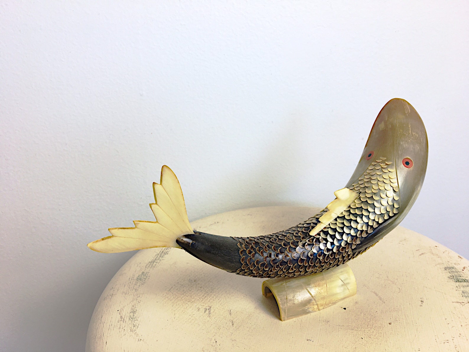 Vintage Hand Carved Cow Horn Fish Sculpture Folk Art Fish Etsy UK
