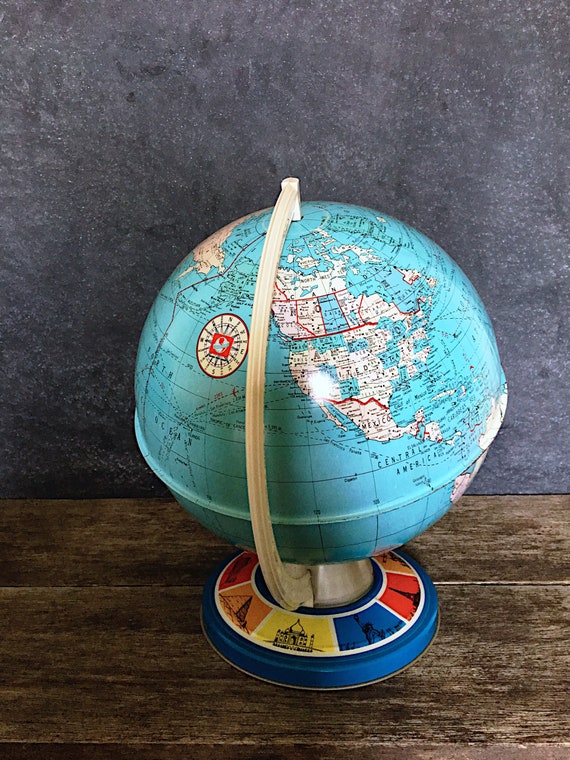 Vintage Tin Globe, Wonders of the World, 13 Inch Toy Metal Globe