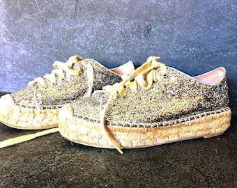 Vintage Sequin Espadrilles Shoes, Designer Paloma Barcelo Spain, 1980's Club Sneakers, Summer fun