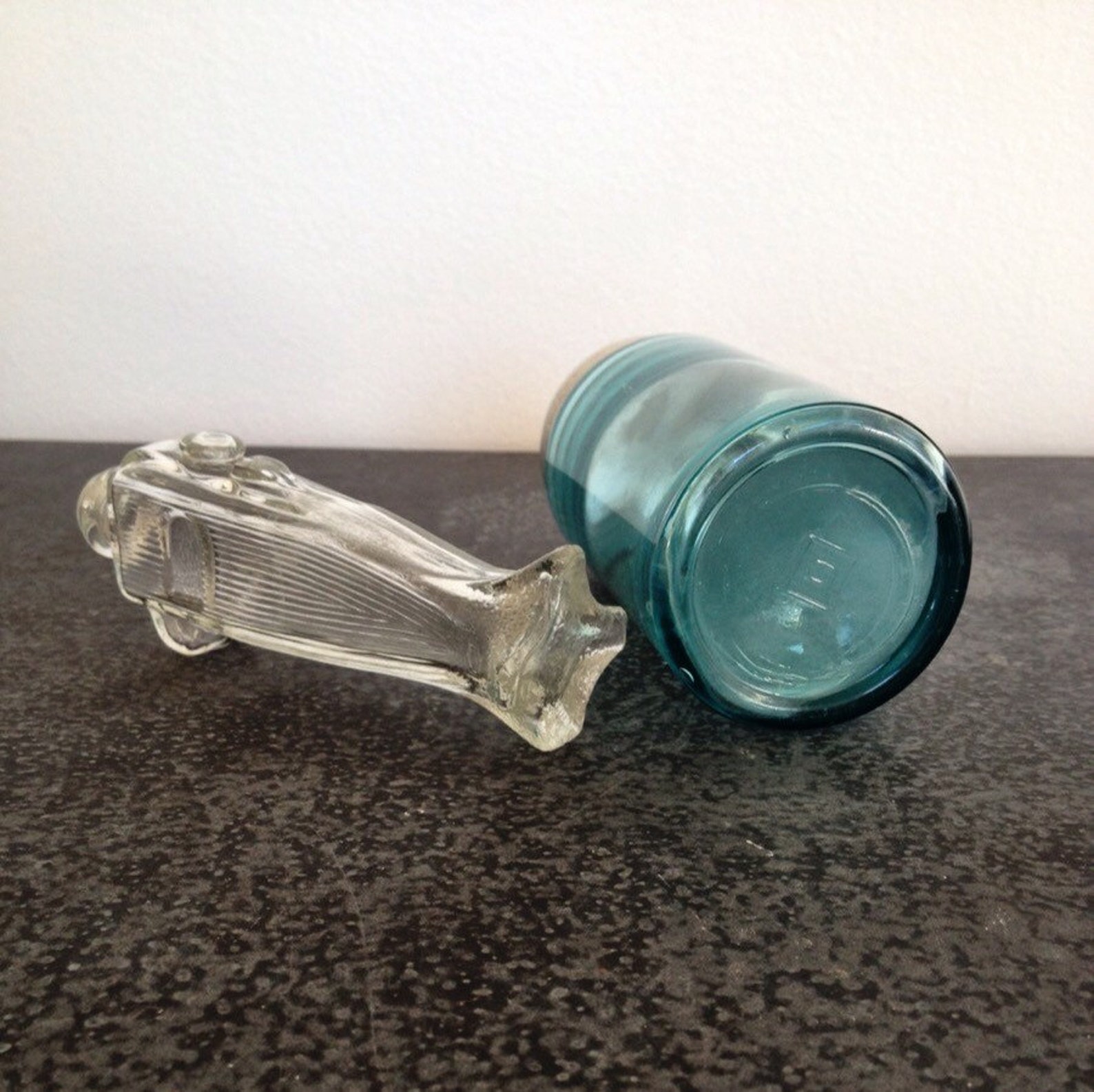 Vintage glass Airplane Candy bottle Aqua Glass Jar with Zinc Etsy
