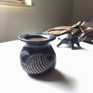 Vintage Matte Black Sgraffito Pottery Vase, White Fish design, Signed by Artist