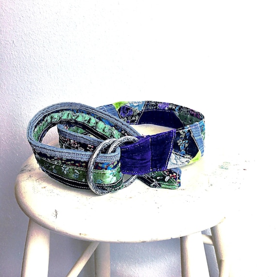 Mid Century Embroidered Velvet Belt Black Velvet Curved Medici Belt with Black Applique  main image 2