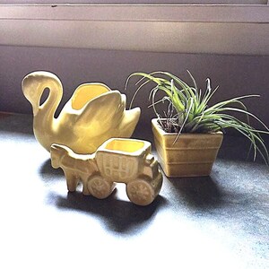 Vintage Midcentury Pottery Planters, Yellow Swan, Donkey with Cart, tiny Art Deco Square