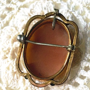 May include: An oval-shaped brooch featuring a smooth, light brown center set within a gold-toned metal frame. The back includes a horizontal pin mechanism with a safety clasp and a small vertical loop at the top for potential pendant use.
