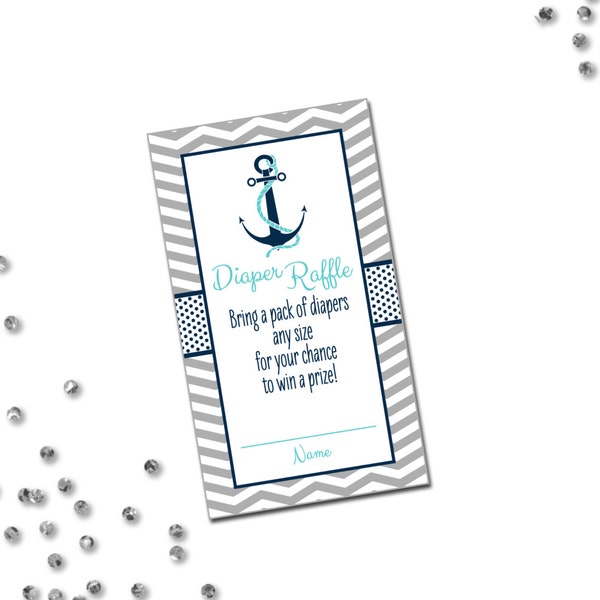 Nautical Diaper Raffle Tickets - Nautical Baby Shower - Chevron Stripes - Navy Blue Grey and Aqua - INSTANT DOWNLOAD - Printable
