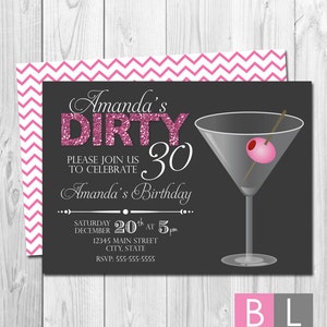 Dirty Thirty Birthday Party Invitation Dirty 30 Pink Chevron Stripes BACKSIDE INCLUDED DIY Printable image 1