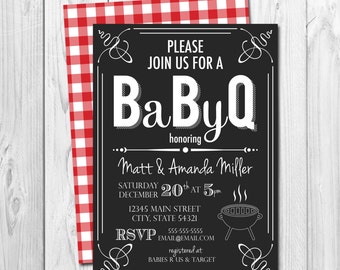 BabyQ Baby Shower Invitation - BBQ Baby Shower - Coed Baby Shower - Grey White - Red Gingham Backside Included - DIY - Printable