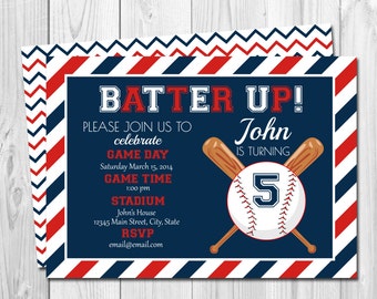 Baseball Birthday Party Invitation - Batter Up - Red and Blue Stripes - BACKSIDE INCLUDED - DIY - Printable