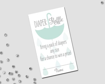 Diaper Raffle Ticket - Umbrella Baby Shower - Hanging Umbrella and Rain Drops - Blue Green and Grey - INSTANT DOWNLOAD - Printable