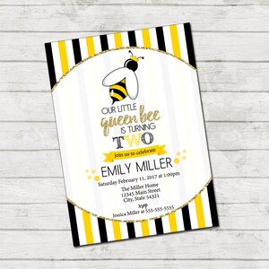 Bee Birthday Party Invitation - Queen Bee Birthday Invite - Bee Invitation - Stripes - Yellow Black Gold - Printable