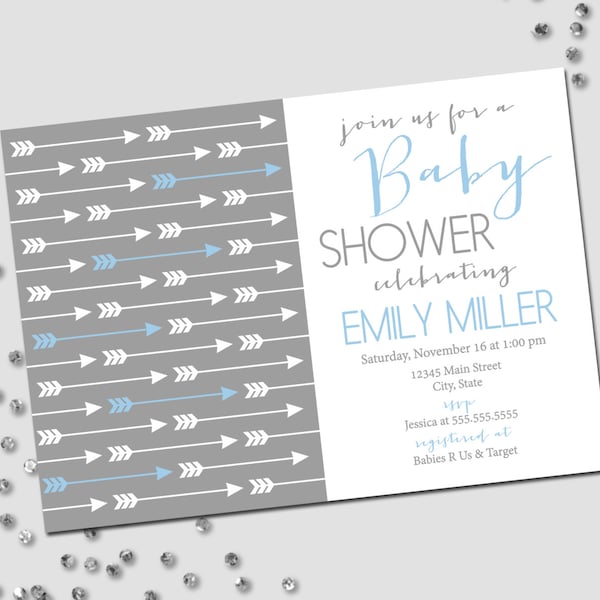 Arrow Baby Shower Invitation - Arrow Baby Shower - Modern Baby Shower - Light Blue White and Grey - Printable