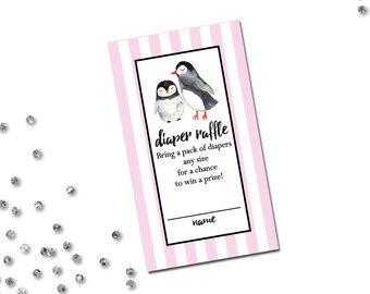 Diaper Raffle Ticket - Penguin Baby Shower - Winter Baby Shower - Watercolor Penguins - Pink Stripes - INSTANT DOWNLOAD - Printable