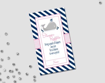 Diaper Raffle Ticket - Little Whale Baby Shower - Pink and Blue Stripes - INSTANT DOWNLOAD - Printable
