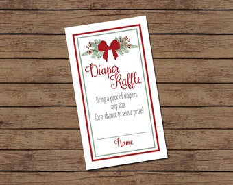 Diaper Raffle Ticket - Winter Baby Shower - Christmas Baby Shower - Floral - Red Green Blue White - Red Bow - INSTANT DOWNLOAD - Printable