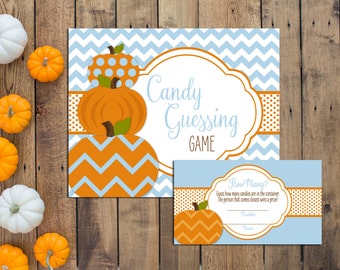 Candy Guessing Game - Little Pumpkin Baby Predictions - Little Pumpkin Shower - Fall Shower - Blue Chevron - INSTANT DOWNLOAD - Printable