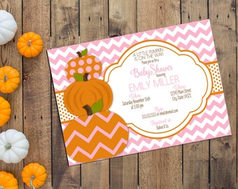 Little Pumpkin Baby Shower Invitation - Fall Baby Shower - Pink and Orange - Chevron Stripes -  Printable