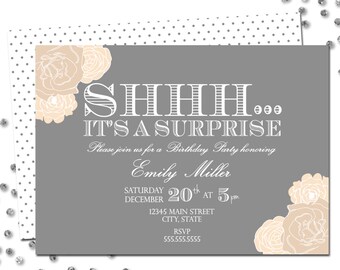 Surprise Birthday Party Invitation - Surprise Birthday - Grey and Tan Cream Flowers - Polka Dot BACKSIDE INCLUDED - Printable