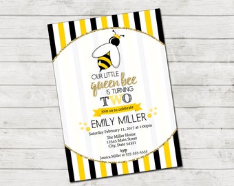 Bee Birthday Party Invitation - Queen Bee Birthday Invite - Bee Invitation - Stripes - Yellow Black Gold - Printable