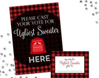 Ugly Sweater Party Voting Sign and Cards - Ugly Sweater Holiday Party - Deer - Buffalo Plaid - Red Black White - INSTANT DOWNLOAD Printable