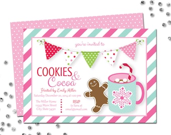 Holiday Party Invitation - Cookies & Cocoa Invitation - Gingerbread Man - Pink Blue Red - Stripes - Polka Dot BACKSIDE INCLUDED - Printable