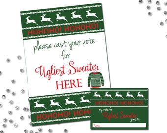 Ugly Sweater Party Voting Sign and Cards - Ugly Sweater Holiday Party - Ugly Sweater Pattern - Green Red White - INSTANT DOWNLOAD Printable